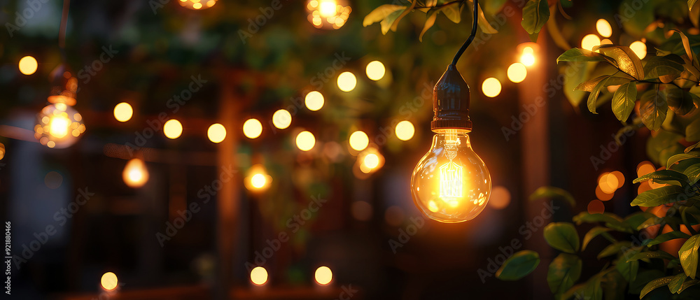 Cozy outdoor lightning at the evening garden. Lamp Bulbs, string garlands, lights hanging on the trees on backyard of suburban house. Generative ai Cozy outdoor lightning at the evening garden. Lamp Bulbs, string garlands, lights hanging on the trees on backyard of suburban house. Generative ai