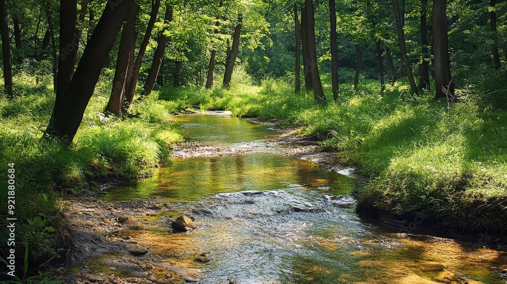 A charming image of a small creek meandering through a forest. The clear, babbling water and the surrounding trees create a peaceful and inviting natural scene. A charming image of a small creek meandering through a forest. The clear, babbling water and the surrounding trees create a peaceful and inviting natural scene.