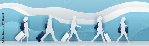 Travelers walking with luggage paper cut style silhouettes in blue background with wavy lines and abstract shapes. Web banner design