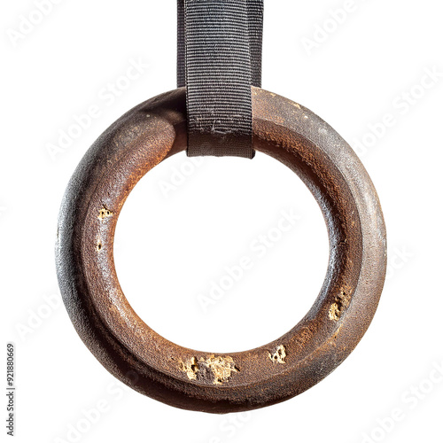 A vintage wooden gym ring suspended with a durable strap, showcasing wear and character in its rustic design. photo