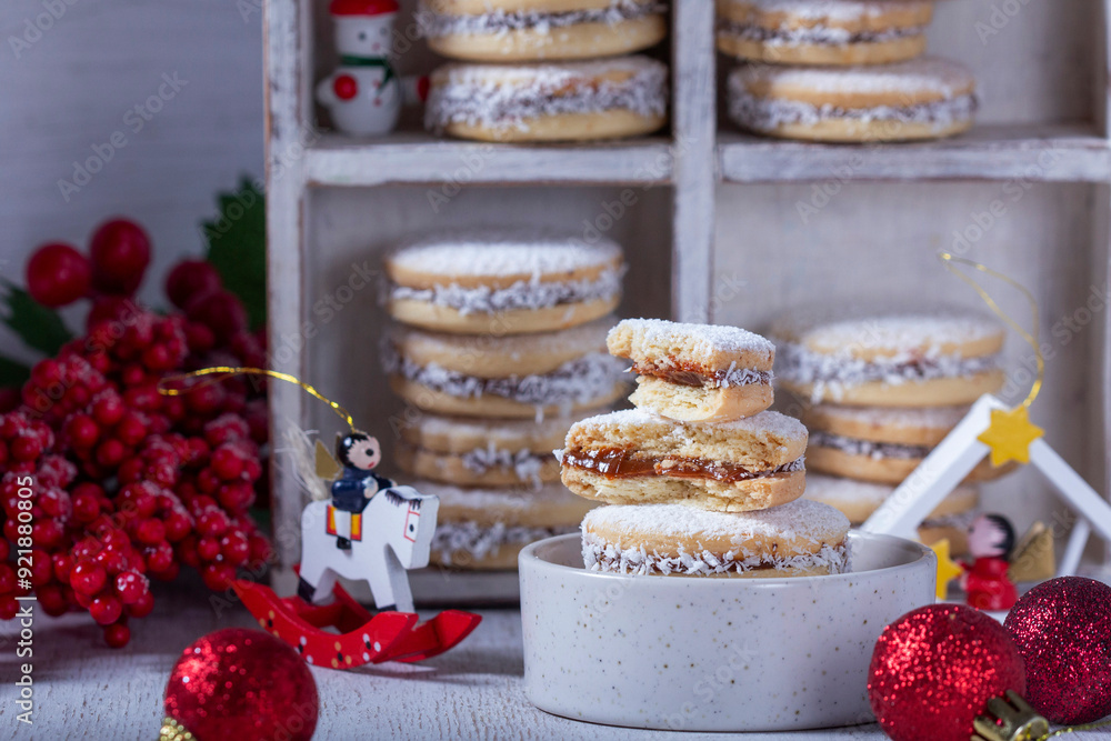 Alfajor, a traditional Latin American cookie made from shortcrust pastry filled with dolce de leche.