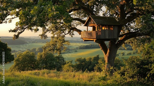A charming rural scene with a treehouse nestled high in a sturdy oak tree. The wooden structure is surrounded by lush green leaves, and the view from the treehouse overlooks a peaceful countryside.