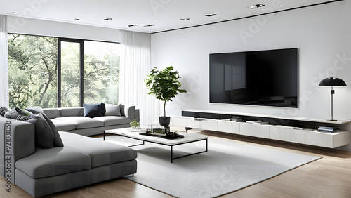 White Interior Design Modern Living Room, Clean Living Room 3d rendering, ai