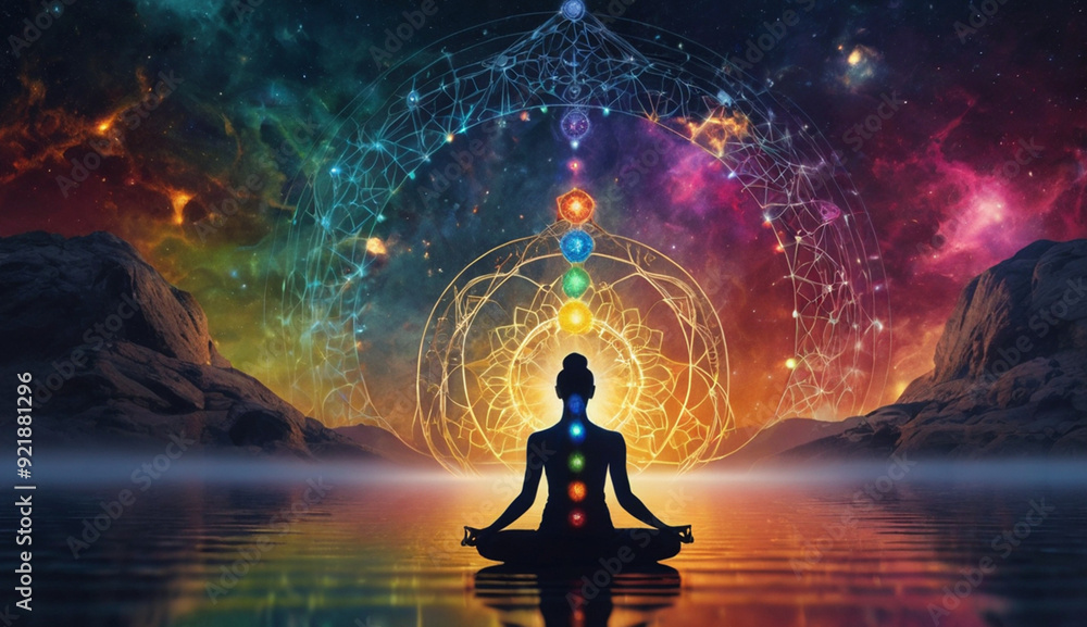 A person meditating on water, with seven glowing chakra points on their body. Surrounded by vibrant energy patterns the background represents the vast universe, energy, and tranquility. A person meditating on water, with seven glowing chakra points on their body. Surrounded by vibrant energy patterns the background represents the vast universe, energy, and tranquility.