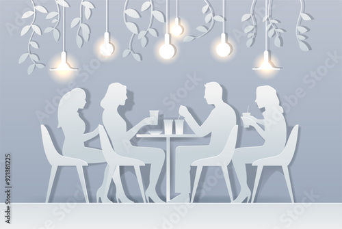 People dining together in paper cut style. Silhouettes of four individuals seated at a table with drinks in a softly lit environment with hanging lights and leafy decorations