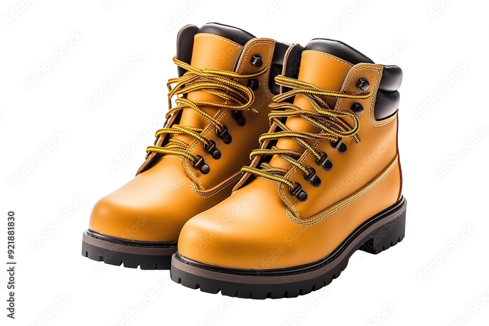 Stylish Work Boots Resting on a Clean Surface Ready for Adventure in Autumn on White or PNG Transparent Background. Stylish Work Boots Resting on a Clean Surface Ready for Adventure in Autumn on White or PNG Transparent Background.