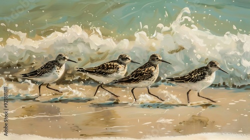 Four Sandpipers on a Sandy Shore with a Foamy Wave