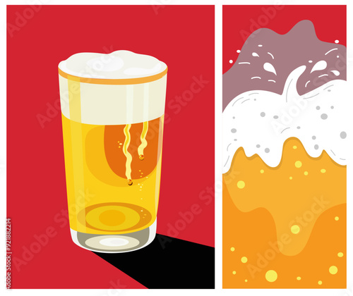 Beer advertisement design. Oktoberfest festival. A glass of cold beer and splash. Retro beer vector poster on a red background. Trendy retro art for pub and bar