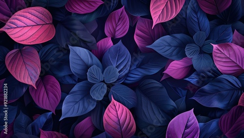 A background with dark blue, purple and pink leaves