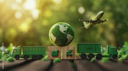 Sustainable Green Logistics: Miniature Globe on Wooden Blocks Featuring Green Transportation Icons Symbolizing Eco-Friendly Global Shipping and Supply Chain Management photo