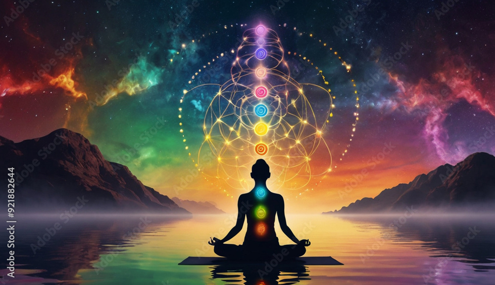 A person meditating on water, with seven glowing chakra points on their body. Surrounded by vibrant energy patterns the background represents the vast universe, energy, and tranquility. A person meditating on water, with seven glowing chakra points on their body. Surrounded by vibrant energy patterns the background represents the vast universe, energy, and tranquility.