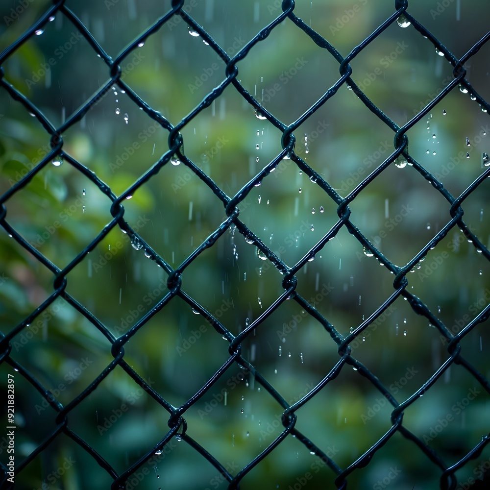 Fototapeta premium Raindrops Glistening on a Metal Mesh Fence in a Serene Vibrant Atmosphere