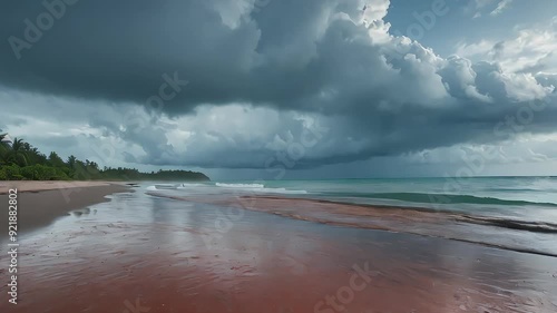 Rainy landscape animation. Rainy coral beach with wet sand and misty water. Enjoy the serene view of the rainy coral beach in motion. photo