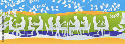 People dining outdoors paper cut style silhouettes nature background
