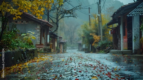 Fototapeta Naklejka Na Ścianę i Meble -  Rainy Day in a Charming Village with Vibrant Autumn Foliage and Misty Atmosphere