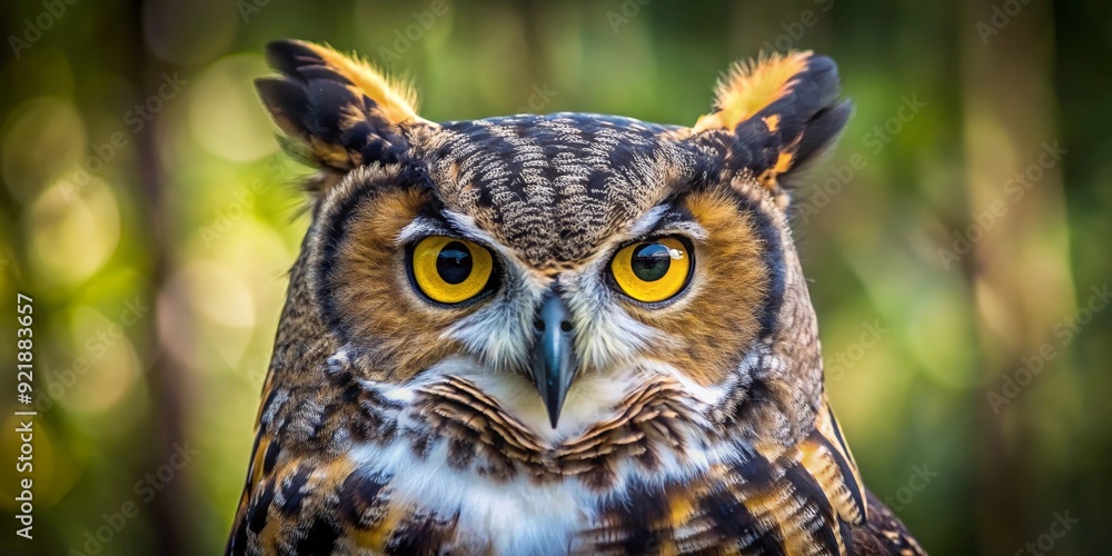 Obraz premium Close-up of a majestic great horned owl staring intently, owl, wildlife, bird, predator, feathers, eyes, intense