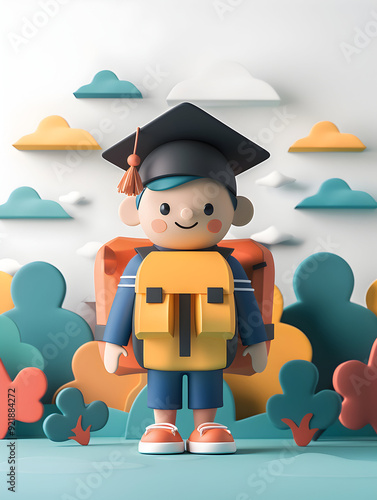 Education Journey: 3D Flat Icon of Student with Backpack and Graduation Cap   Whimsical Background with Ample Space for Text or Graphics   Concept from First Day of School to Gradu photo