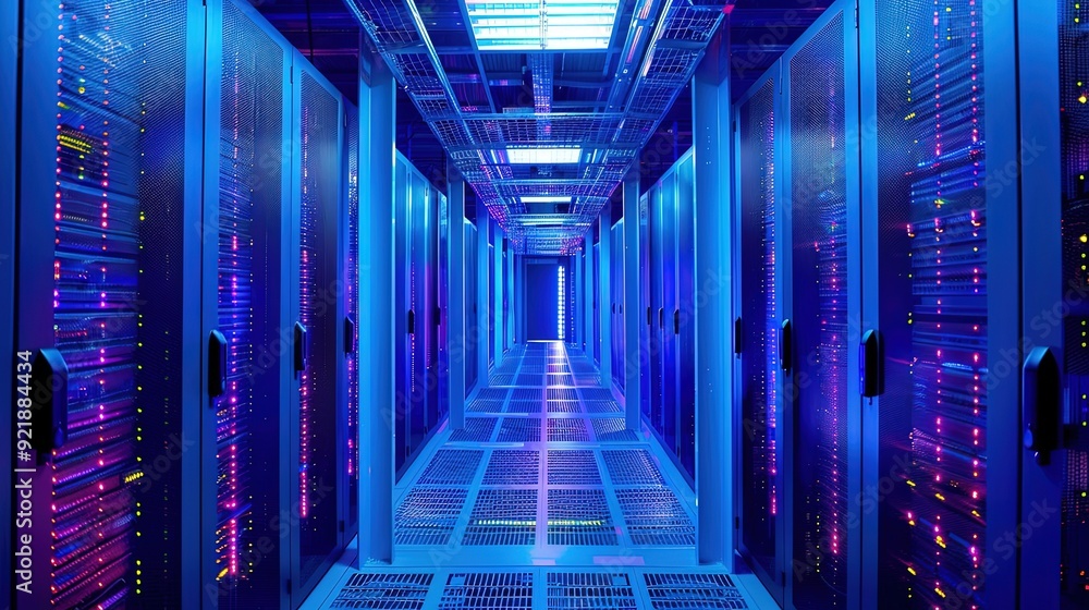 Fototapeta premium Shot of Data Center With Multiple Rows of Fully Operational Server