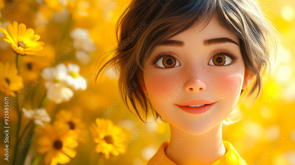 Fototapeta premium Smiling Young Woman with Short Haircut in 3D Style, Cartoon Character Portrait in Bright Floral Background, Happy Expression Concept, Positive Vibes, Digital Art Illustration of Joyful Girl