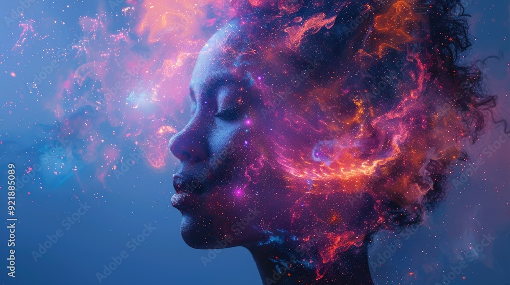Beautiful woman surrounded by neon colorful smoke and fire Beautiful woman surrounded by neon colorful smoke and fire