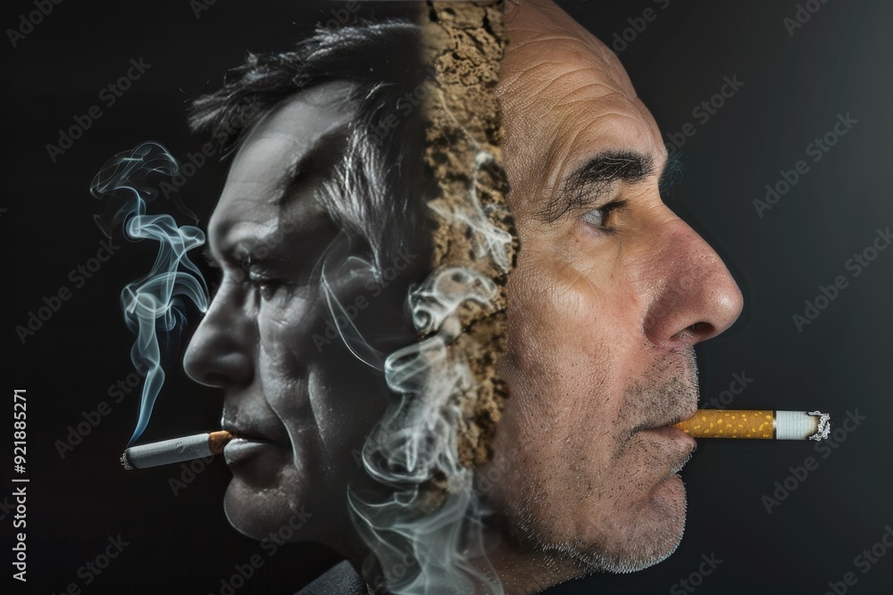 Fototapeta premium Dramatic encounter between a man and his smoking induced alter ego visualizing internal conflict and addiction struggle