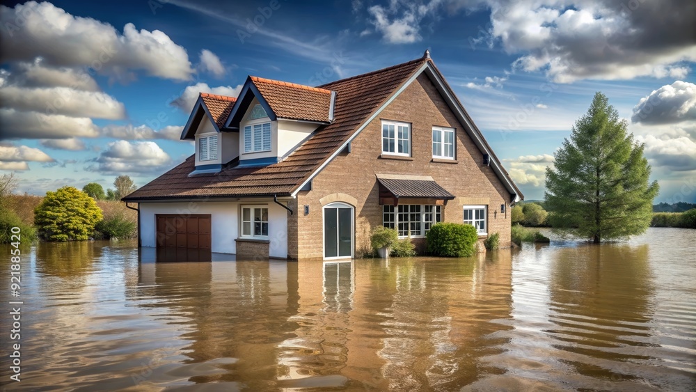 House surrounded by flood water during extreme weather conditions, Flood, house, water, weather, storm, flooding House surrounded by flood water during extreme weather conditions, Flood, house, water, weather, storm, flooding