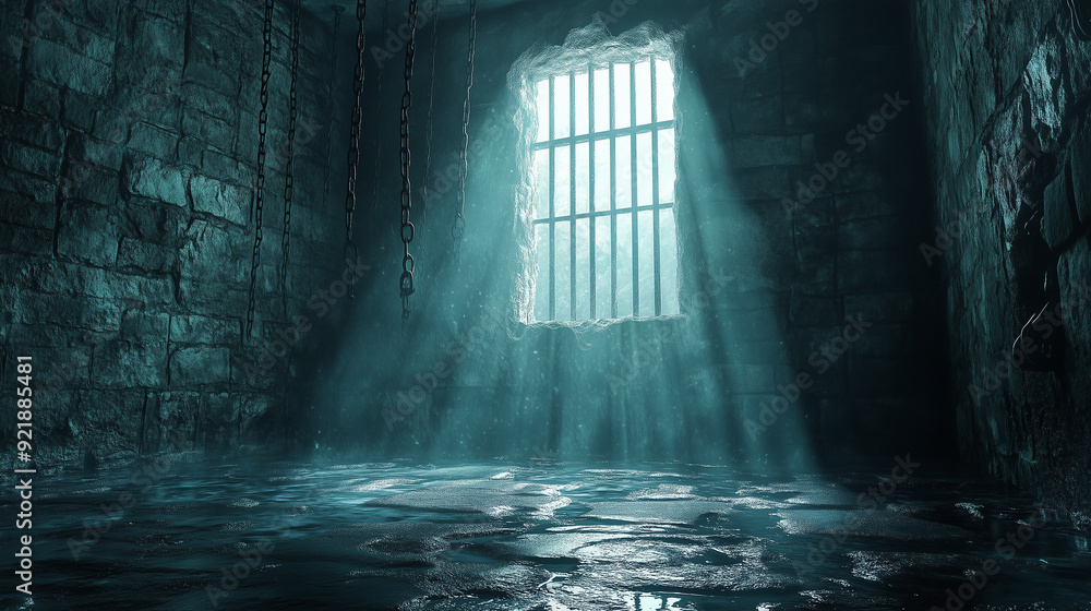 Dark dungeon with light streaming through a barred window. Dark dungeon with light streaming through a barred window.