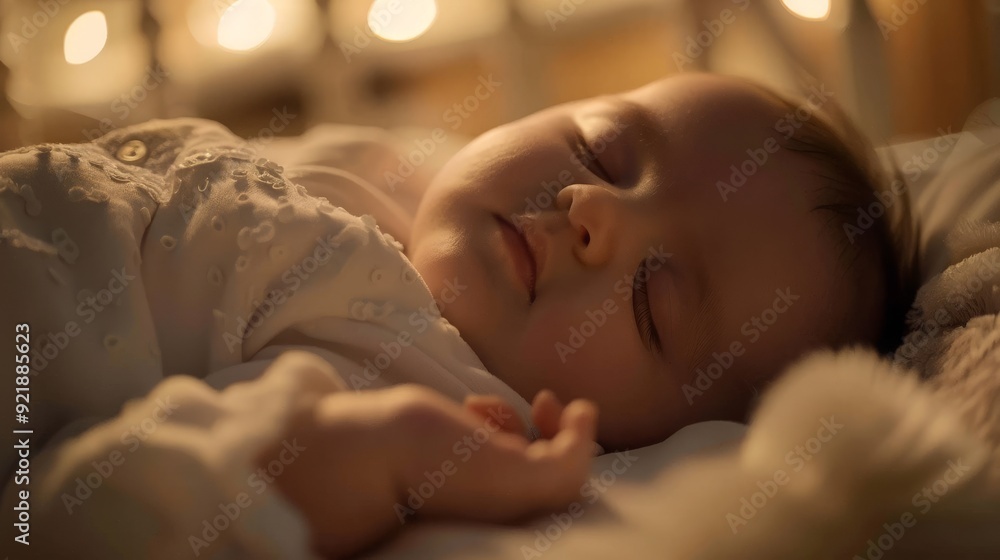 A peaceful sleeping baby with a serene expression, surrounded by soft lighting. The image evokes feelings of calm and tenderness. A peaceful sleeping baby with a serene expression, surrounded by soft lighting. The image evokes feelings of calm and tenderness.