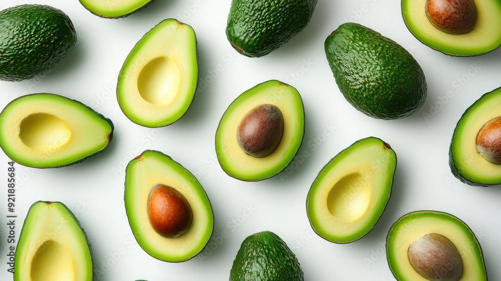 Fresh avocados halved and arranged on a light surface, showcasing their vibrant green flesh and brown seed. Fresh avocados halved and arranged on a light surface, showcasing their vibrant green flesh and brown seed.