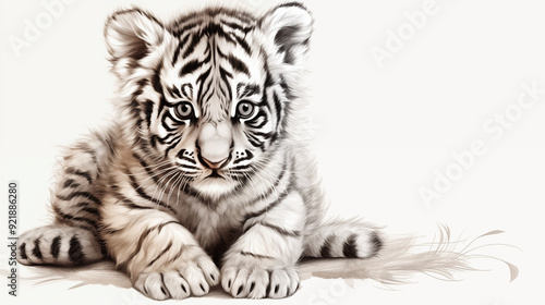 sweet young tiger drawing, tiger pencil drawing vintage.