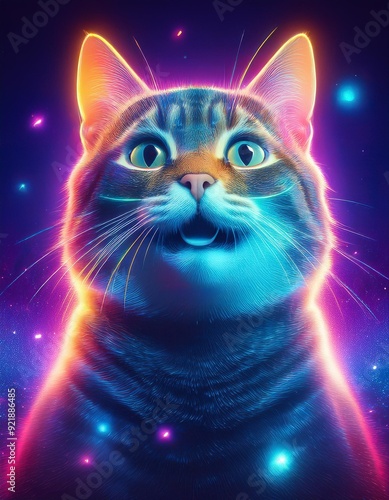 portrait smile cat reflecting in glow neon edge, glowing in digital art, hight detailed