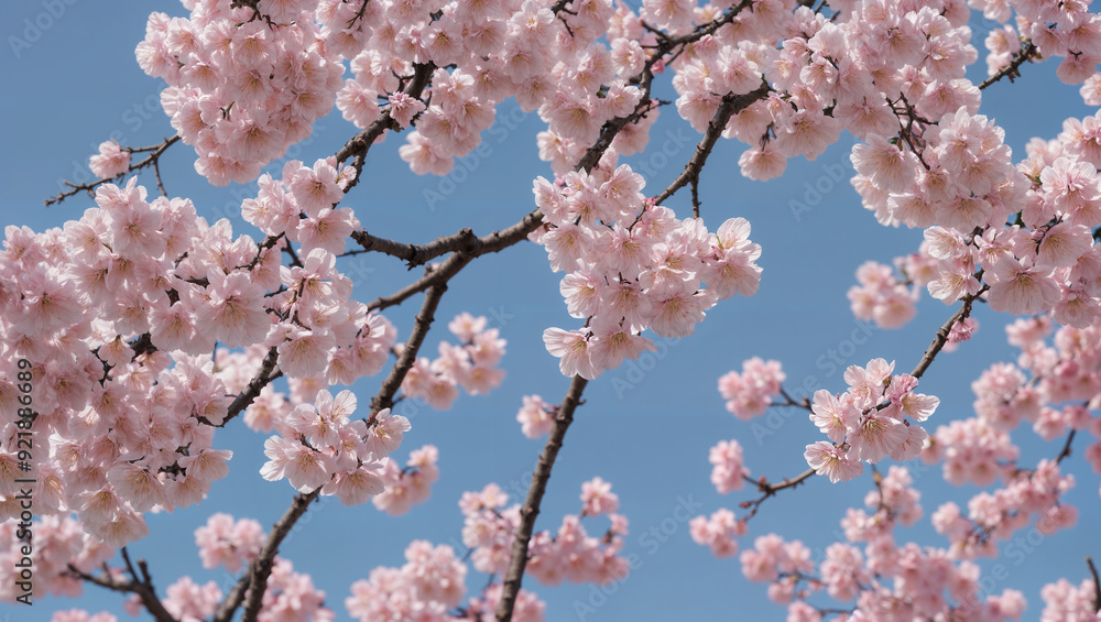 Blooming sakura branch against the blue sky. Spring background with pink sakura flowers, Pink Cherry Blossoms Blooming sakura branch against the blue sky. Spring background with pink sakura flowers, Pink Cherry Blossoms
