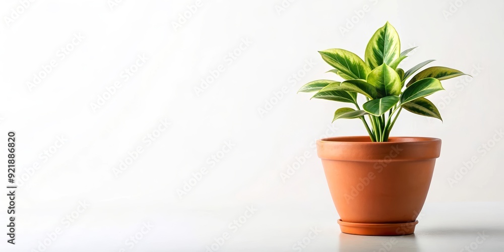Obraz premium Single houseplant in a pot on a white background, houseplant, indoor plant, potted plant, still life, green, leaves