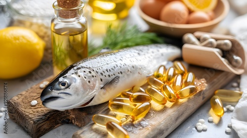 A fresh fish with Omega 3 capsules, lemon, and oil on a wooden cutting board.
