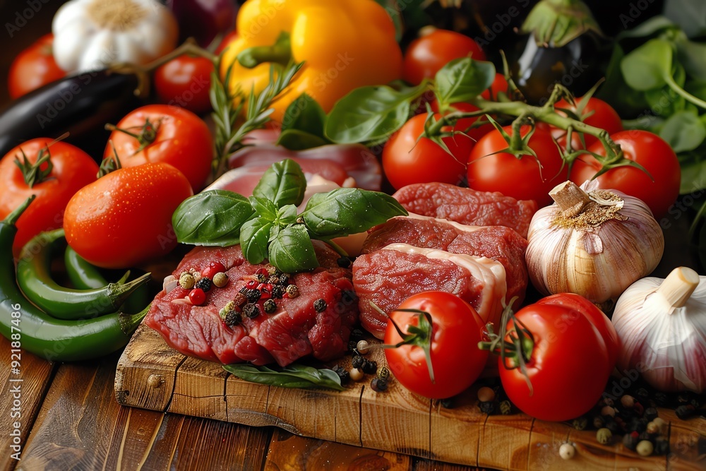 Fresh vegetables and raw meat on wooden board. Includes tomatoes, peppers, eggplants, garlic, and basil, perfect for organic food concepts. Fresh vegetables and raw meat on wooden board. Includes tomatoes, peppers, eggplants, garlic, and basil, perfect for organic food concepts.