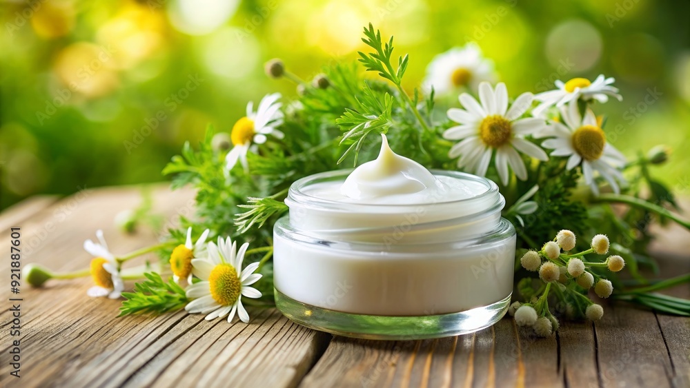 A close-up shot of Kamille Creme moisturizer with fresh herbs and plants in the background , skincare, beauty A close-up shot of Kamille Creme moisturizer with fresh herbs and plants in the background , skincare, beauty