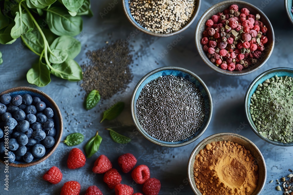 Top view of assorted fresh berries, seeds, and spices in bowls on a rustic background, highlighting vibrant colors and healthy ingredients. Top view of assorted fresh berries, seeds, and spices in bowls on a rustic background, highlighting vibrant colors and healthy ingredients.