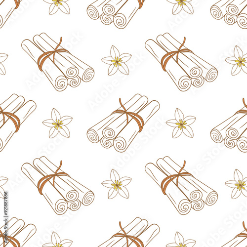 Pattern with brown cinnamon sticks and vanilla flower, doodle outline contour drawing on white background