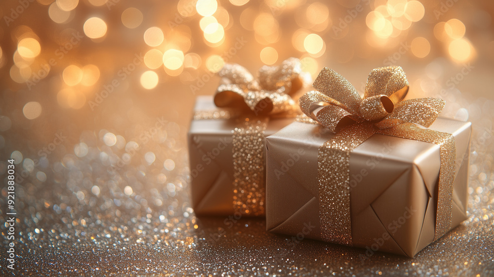 Elegant Gold Gift Boxes. Two gold gift boxes with bows, sparkling against a bokeh background, perfect for festive occasions. Elegant Gold Gift Boxes. Two gold gift boxes with bows, sparkling against a bokeh background, perfect for festive occasions.