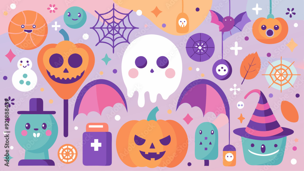 Fototapeta premium Halloween background with cute elements. Vector illustration in flat style.