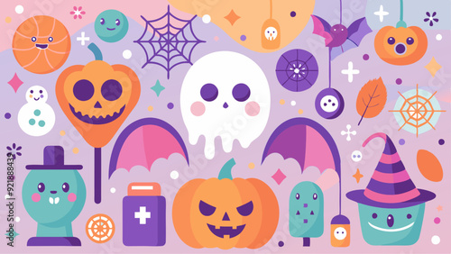 Halloween background with cute elements. Vector illustration in flat style.
