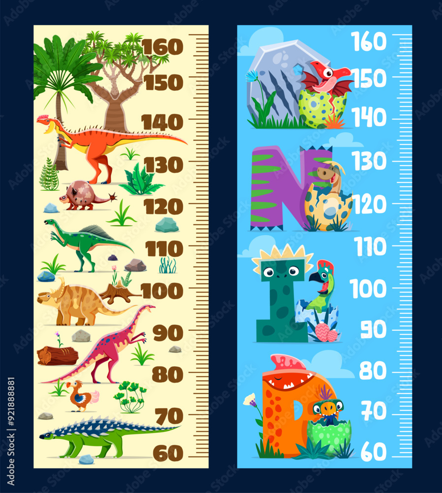 Kids height chart ruler with dino kids and prehistoric dinosaurs ...