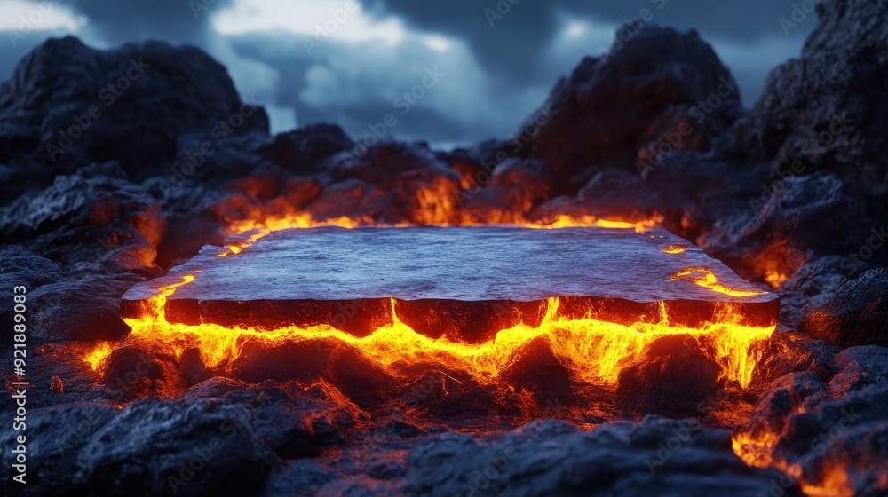 Fototapeta premium A dramatic 3D render of a fiery lava podium set against a rugged volcanic rock landscape. The intense heat and glowing lava create a powerful, eye-catching product showcase.