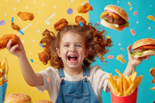 Happy girl with curly hair surrounded by fast food, holding a burger and chicken nuggets.