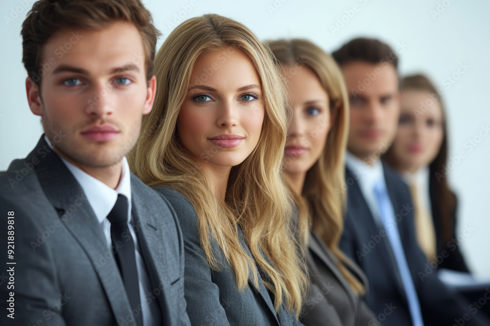 A group of young business people in a suits sitting or standing in a row, looking at the camera. A group of young business people in a suits sitting or standing in a row, looking at the camera.