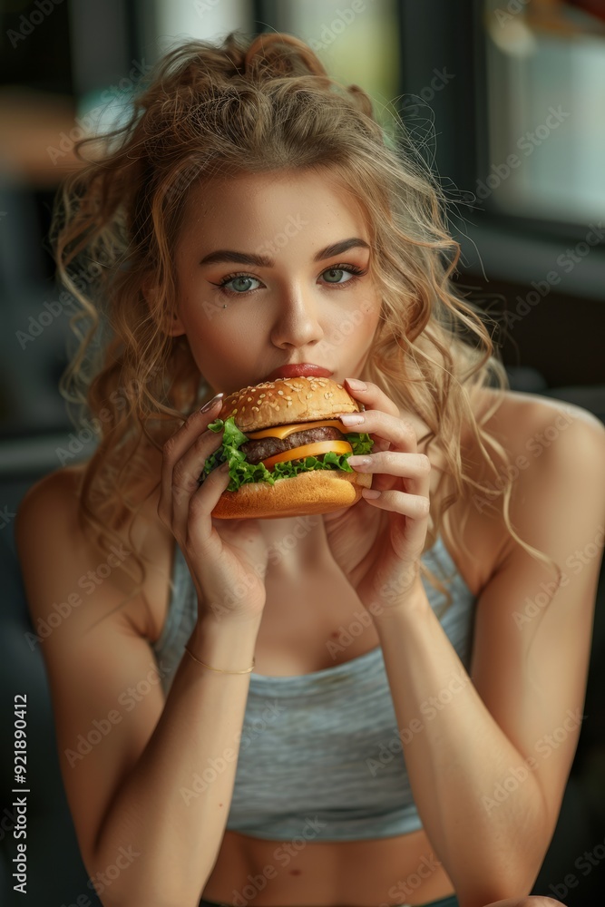 In a candid capture, a young woman succumbs to her cravings, biting into a large hamburger without a care for dietary limitations. In a candid capture, a young woman succumbs to her cravings, biting into a large hamburger without a care for dietary limitations.