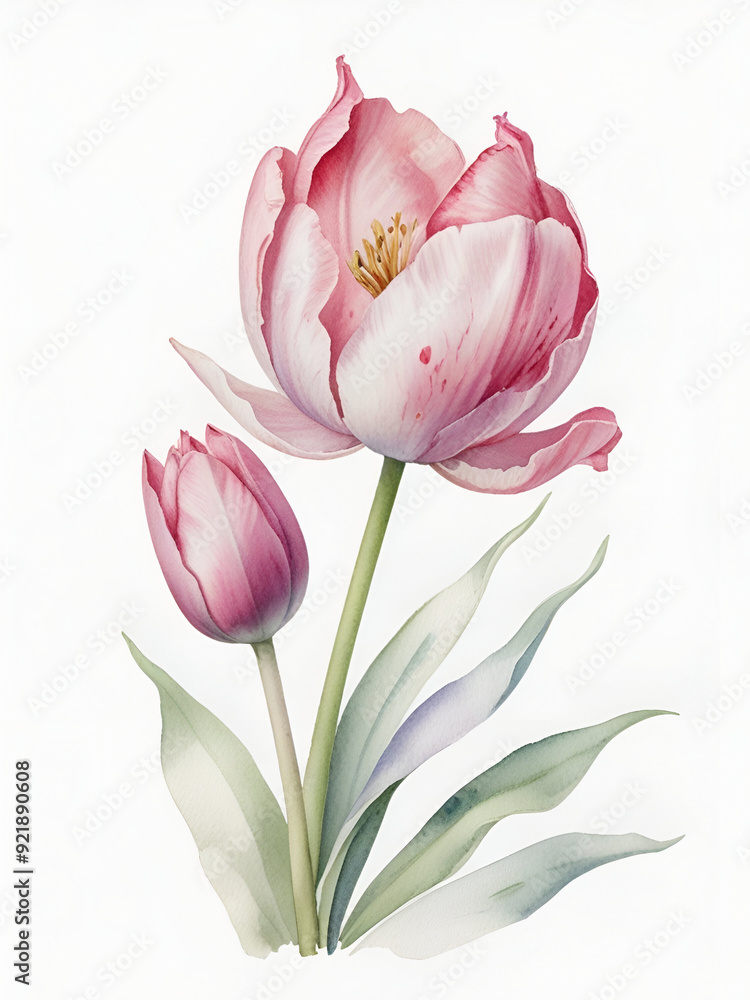 Fototapeta premium Siam tulip flowers on white background, pink tulips watercolor