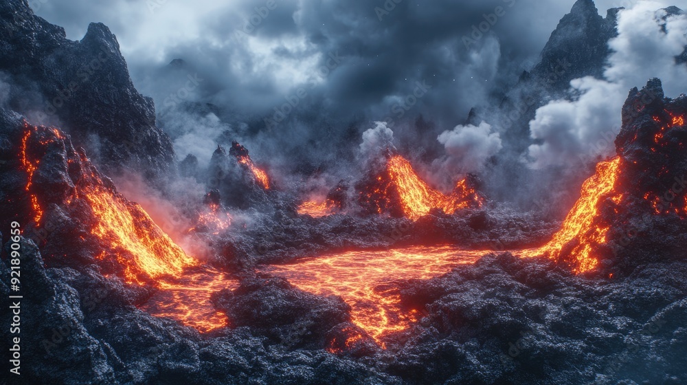 custom made wallpaper toronto digitalFiery lava podium display amidst smoldering volcanic rocks. A dynamic product showcase with glowing magma and smoke in a surreal, molten landscape.