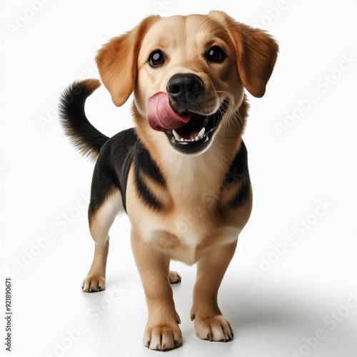 dog licking lips yummy delicious tasty happy portrait enjoying full-length white background isolated