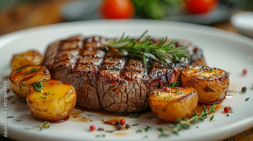 A delicious grilled steak is presented alongside golden roasted potatoes, garnished with fresh herbs, showcasing a delightful meal A delicious grilled steak is presented alongside golden roasted potatoes, garnished with fresh herbs, showcasing a delightful meal